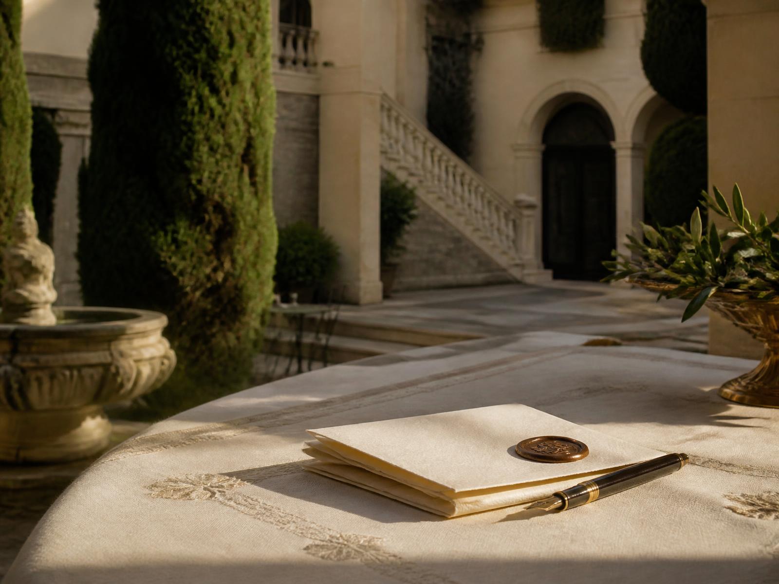 Cortile italiano storico con documento sigillato e penna su tavolo di lino